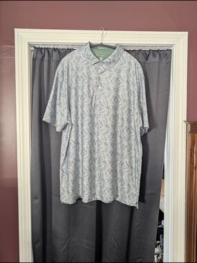 Hickey Freeman Geometric Patterned White/Green Leaf Printed Polo Shirt Mens XL